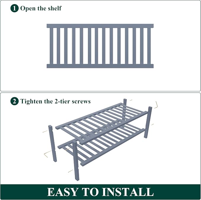 Smiry Bamboo Shoe Rack, 14 Vertical Slats, 2 Tier - 26.8" Wide, Grey | Stackable Free Standing Wooden Shoe Organizer, Wood Shoe Storage Shelf for Closet, Entryway, Thicher Leg