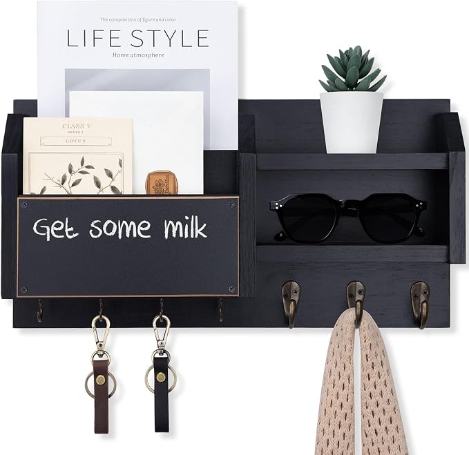 Lwenki Mail and Key Holder – Wall Mount Key Hanger with Shelf and 7 Metal Hooks – Decorative Natural Paulownia Wood Entryway Organizer with Mounting Hardware (16.5”W x 8.7”H x 3.5”D) (Black)