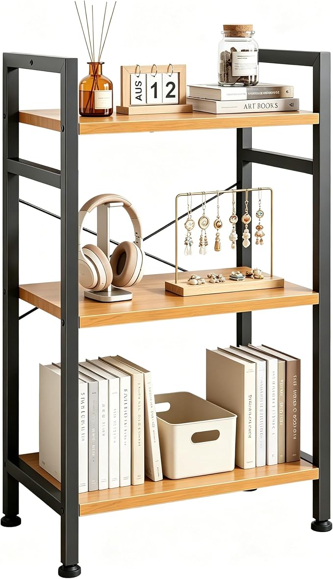 HealSmart 3 Tier Bookshelf, Free Standing Book Shelf Home Office Bookcase Shelf Storage Organizer for Bedroom, Bathroom, Living Room, Office, Balcony, Wood