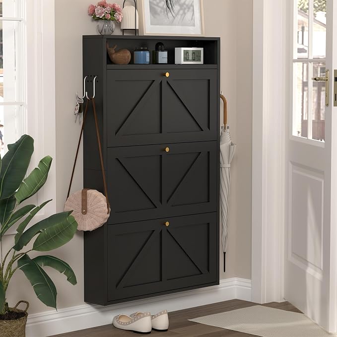 Modern Enclosed Shoe Rack, 3 Flip Drawer Shoe Storage with Open Top Shelf & Hooks, Slim Wall Mounted Shoe Cabinet for Small Space, Thin Storage for Shoes, Anti-Tip Design, Black
