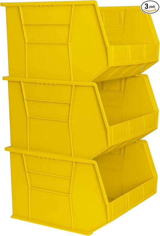Akro-Mils 30270 AkroBins Plastic Storage Bins, 18"x16"x11", Yellow, 3-Pack | Space-Saving Stackable Bins for Garage, Pantry, Craft Organization