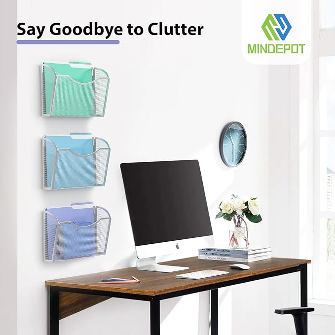MINDEPOT Wall File Organizer, Hanging Wall File Holder, 6 Pack, Silver | Heavy Duty Iron, Metal Mesh Wall Mount, Single Pocket, Mail Organizer, for Office School Classroom Home, Letter A4 Size