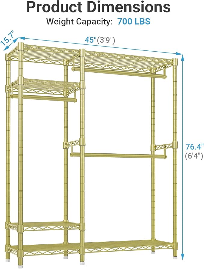 VIPEK V2 Heavy Duty Clothes Rack, Metal Closet Rack Organizer, Gold | Garment Racks with 4 Tiers Wire Shelving 3 Hanging Rods, Compact Freestanding Closet Metal Closet Rack, Max Load 700LBS