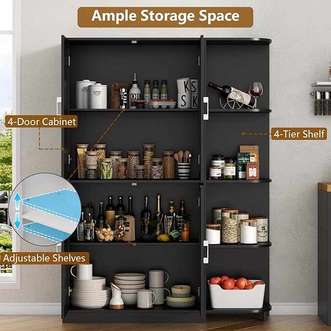 Kitchen Pantry Storage Cabinet, 64" Tall Freestanding Cupboard with Doors & Adjustable Shelves, Food Pantry Cabinet with 5-Tier External Shelf for Dining Room (Black)