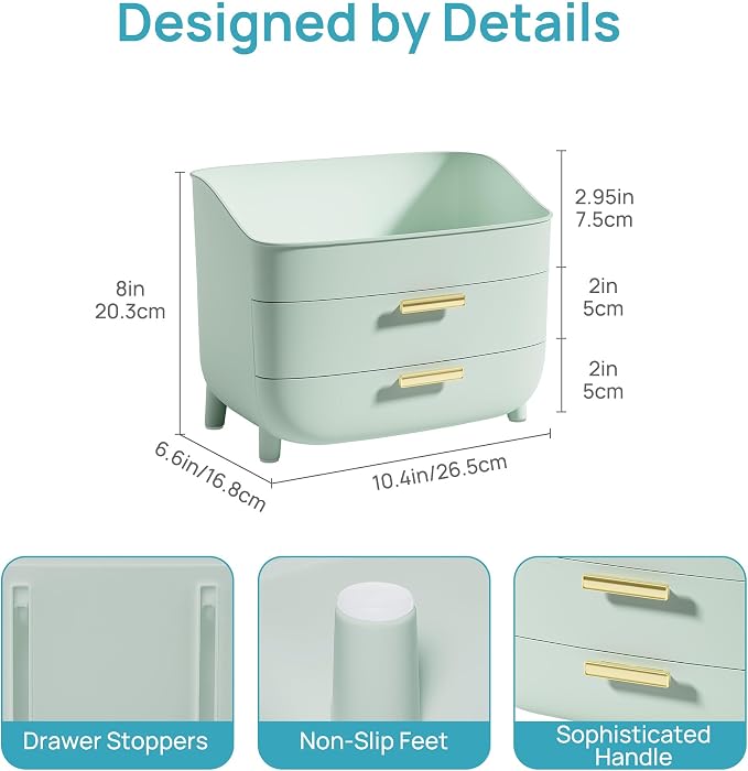Vtopmart 3-Tier Skincare Makeup Organizer with Drawers, Green | For Vanity and Bathroom Countertop, with Drawers, Large Cosmetic Storage Box Case, , Non-Slip Base