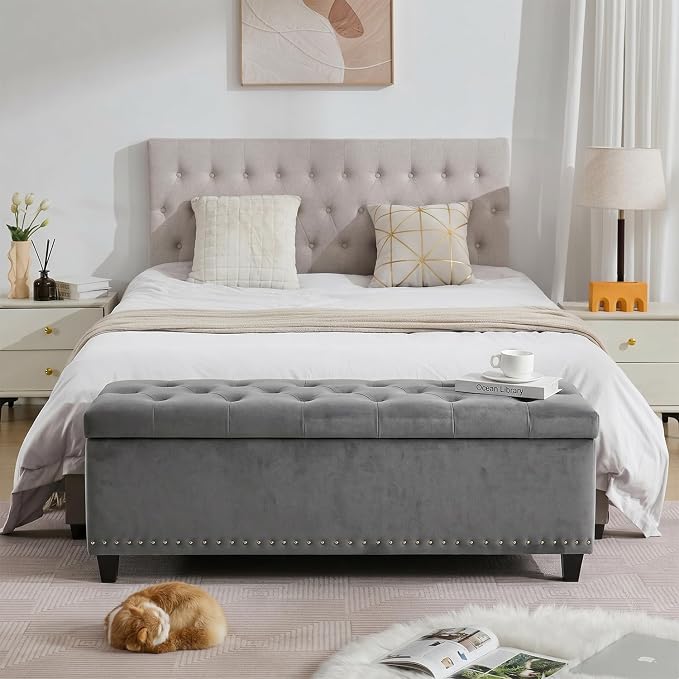 Tbfit 50.8" Large Storage Ottoman Bench with Button-Tufted Top, Blue PU Faux Leather End of Bed Chest with Safety Hinge and Rivets for Bedroom, Living Room (Gray-Velvet)