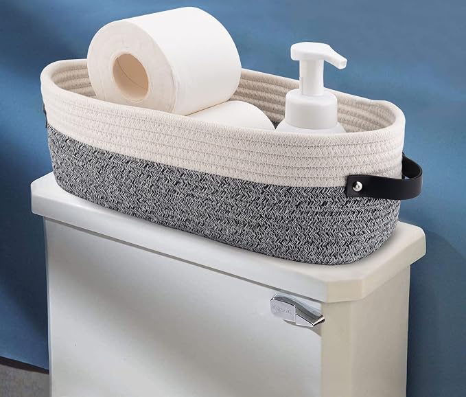 Small Cotton Rope Woven Basket Toilet Paper Baskets for Organizing Decorative Basket for Boho Decor Small Storage Basket 13"x5.9"x4" Variegated Gray&White