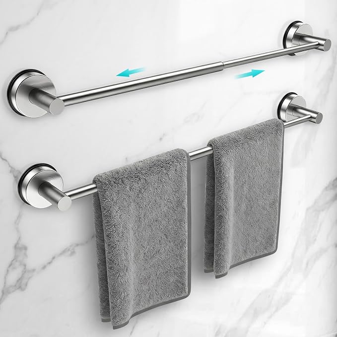 Adjustable Suction Cup Towel Bar for Bathroom Wall,14.6Inch~24 Inch Towel Racks for Bathroom,Stainless Steel Bath Towel Holder for Shower,2 Pack(Brushed Silver)