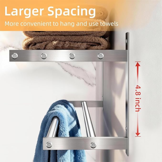 Taaji Towel Racks for Bathroom 24 inch, 2 Tier with Towel Bars, Brushed | Stainless Steel Towel Rack with Shelf, Bathroom Shelf for Towels Storage, Wall Mounted