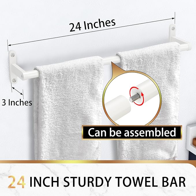 KLJKPA Towel Bar for Bathroom, 24 Inch Wall Mounted Towel Rack, White | Heavy Duty Single Towel Rod, Space-Saving Hand Towel Holder, Toilet Kitchen Towel Storage, Rustproof, Stainless Steel