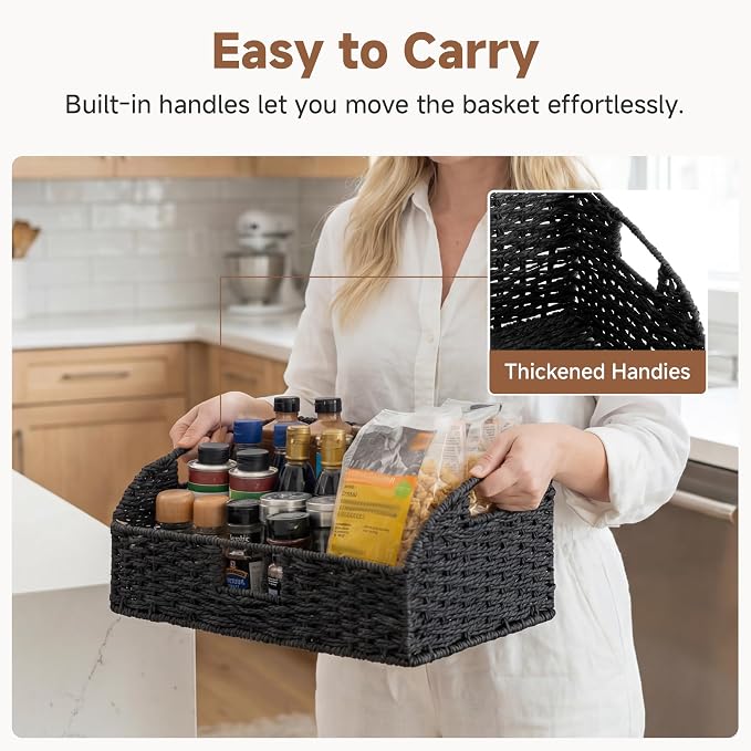 StorageWorks Wicker Baskets with Handles, Pantry Organizers and Storage, Paper Rope Pantry Baskets for Shelves, Black， 2-Pack