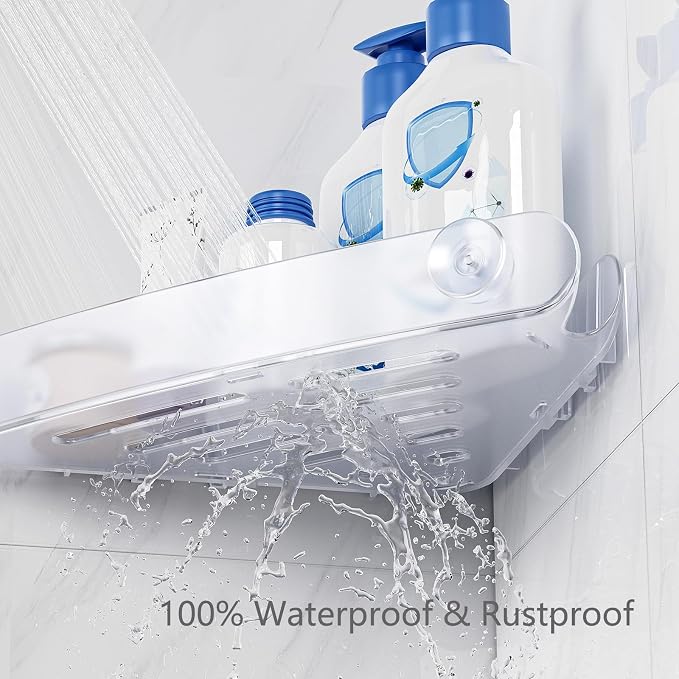 Sotfamily Plastic Shower Caddy Corner (for 90° Only), 4 Pack, Frosted Clear | Adhesive Corner Shower Shelves for Bathroom Organizers and Storage, Bathroom Decor, No Drill, Rust Free