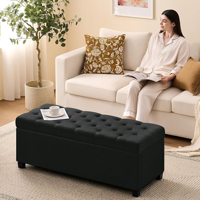 Living&Giving Storage Ottoman Bench for Bedroom, 47.2", Black | 47.2-inch storage ottoman with safety hinge, tufted upholstered seat and spacious hidden storage for everyday organization.