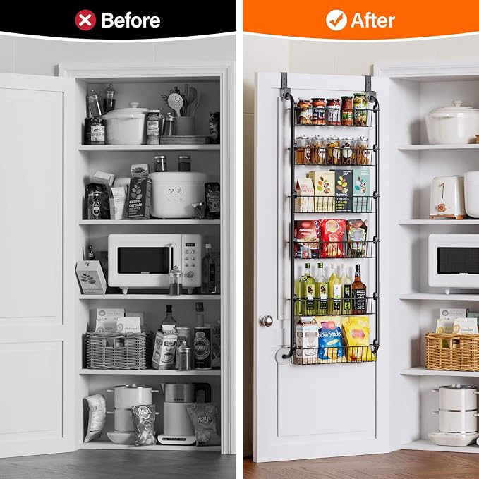 Delamu Over the Door Pantry Organizer, 6-Tier Metal Pantry Door Organization and Storage, Hanging Kitchen Basket Spice Rack Seasoning Shelves, Cabinet Door Organizer for Easy Install,D5xW18xH50inch