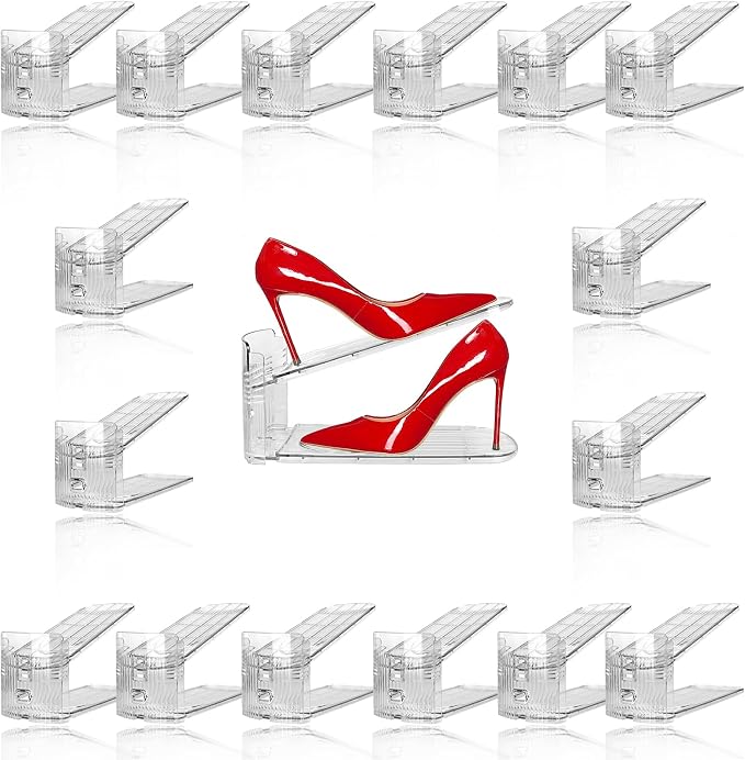 NVGSN 16Pack Clear Shoe Slot Organizer,Shoe Stacker,Storage Space Saver 50% | 3 Levels Adjustable Height 3.7''-7.7''shoe Organizer for Closet,Easy to Assemble shoe Rack Holder,Organizador de Zapatos