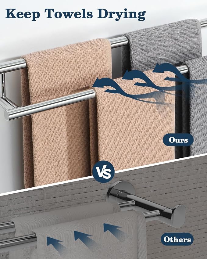 Alise Double Towel Bar,24" Towel Rack for Bathroom Wall Mounted,Chrome | Bathroom Towel Rack SUS304 Stainless Steel Bathroom Towel Holder Quick Drying Hand Towel Holder Towel Bar for Walls