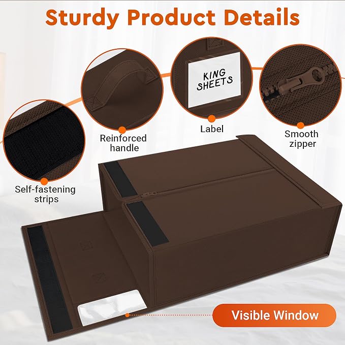 StorageTastic 8 Pack Bed Sheet Closet Organizers and Storage,Sturdy Foldable Storage Containers with Window and Label,Storage and Organization for Bedding Sheets,Duvet Covers,Blankets (Brown)
