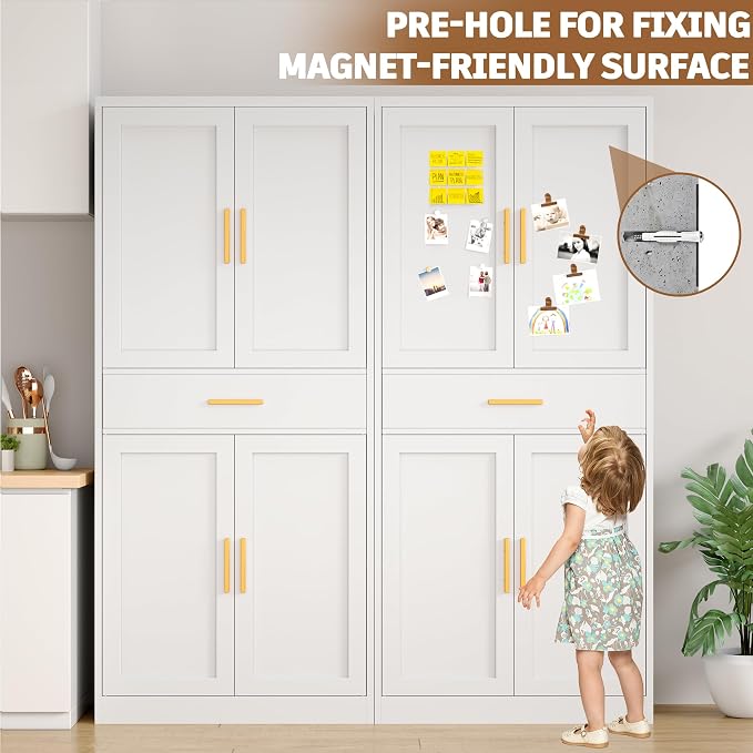71”Tall Kitchen Pantry Cabinet, Metal Storage Cabinet with Doors and Shelves (White, 1 Drawer)