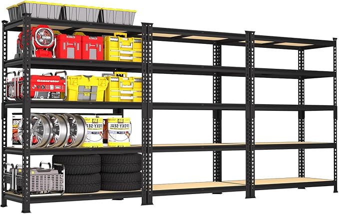 PrimeZone 5-Tier Garage Storage Shelves, Adjustable Metal Shelving, Black | 35.5" x 12" x 72", Heavy-Duty Metal Frame & Connectors, FSC MDF Boards, 2000 LBS Storage for Garage, Pantry & Closet, 3 PCS