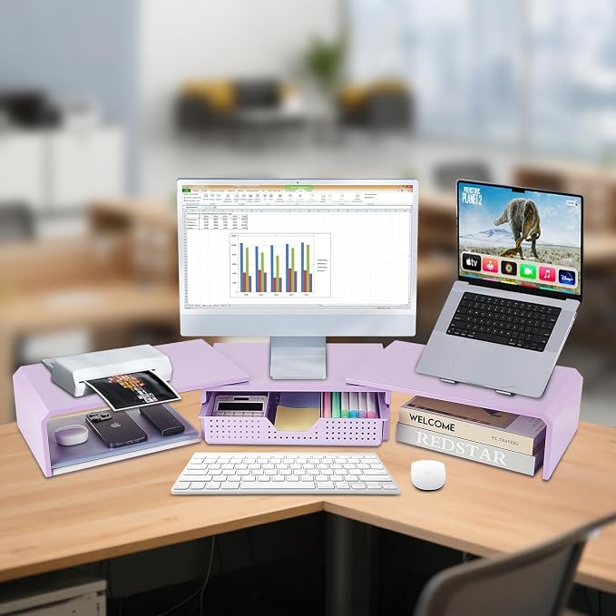 LEKETREE Dual Monitor Stand Riser with Drawer, Desk Organizer and Accessories, Metal Laptop Stand for Desk, Workspace Desktop Stand for Computer, Laptop, TV and More (Purple)