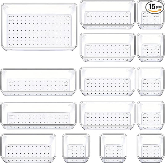 Manalete Drawer Organizers Set of 15, 4 Sizes Clear Plastic Drawer Organizers and Storage Bins for Kitchen, Bathroom, Office, Dresser Desk Drawer Organizer Tray for Jewelry, Makeup, Junk, Gadgets