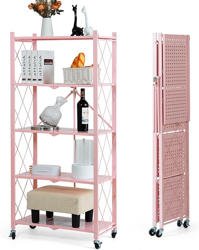BRIAN & DANY 5-Tier Foldable Storage Shelves with Wheels, Folding Metal Rack Shelving Unit, Heavy Duty No Assembly Organizer Shelf for Garage, Kitchen, Basement, Pantry, Pink