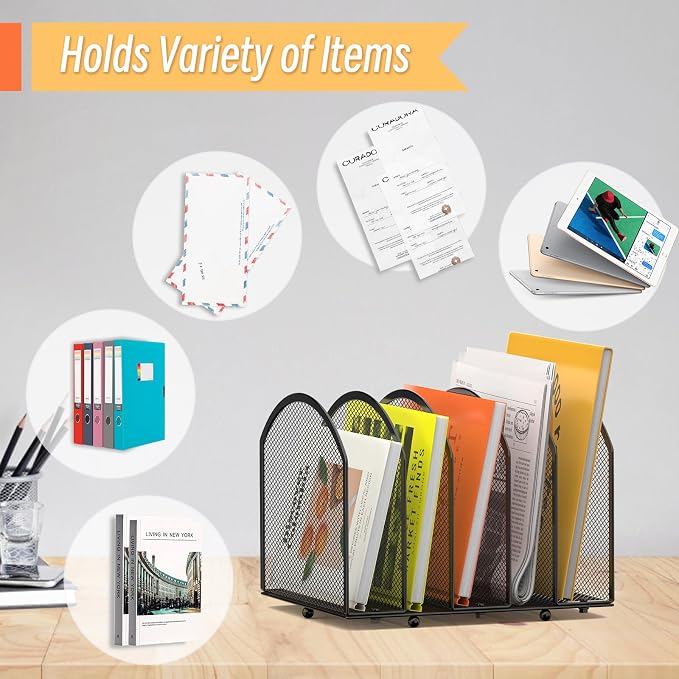 MINDEPOT 5-Section Desk File Organizer, Vertical Desktop File Holder Mail Sorter File Folder Holder Organization for Office School & Classroom (Black - 1Pack)
