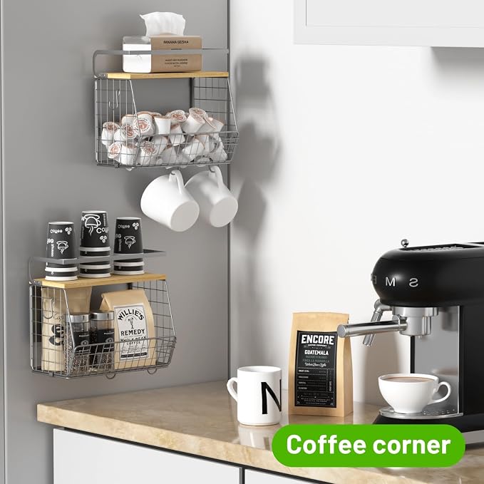 Magnetic Shelf for Fridge with Wood Lid, Fruit Potato and Onion Storage Bins, Pantry Organizers & Storage, Large Container Magnetic Spice Rack for Refrigerator, Kitchen Counter (Silver-gray, 2)