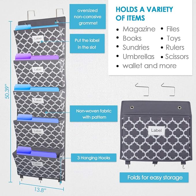 Over the Door File Organizer, Hanging File Folders, Wall Organizers and Storage for Mail, Magazine, Notebooks, Planners, Office, Classroom, 5 Extra Large Pockets (Grey Lantern Pattern)