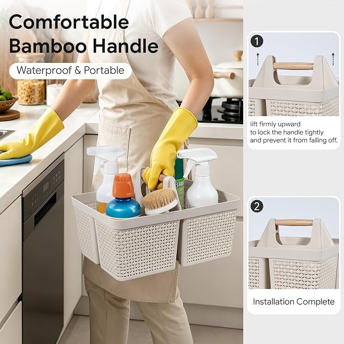 UUJOLY Portable Plastic Shower Caddy Basket with Wooden Handle, Beige | Divided Storage Organizer Tote for Bathroom, Dorm, College, Kitchen & RV – Lightweight, Easy-Carry Essentials Caddy