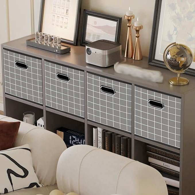 Yunkeeeper storage bins Cubes, Fabric Cube Organizer with Handle, Foldable Cube Bins for Cloth or Accessary Storage, 11x11x11, Set of 6, (Grey grid)