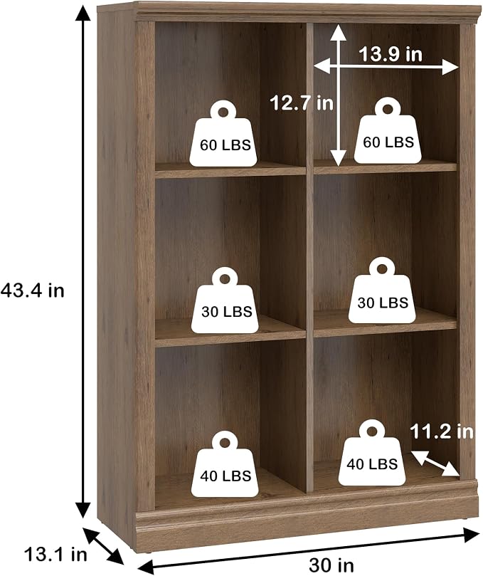 3 Tiers 6 Cube Storage Organizer Bookcase, 30 inch Width Wooden Book Shelf | 6 Storage Cube Adjustable Space Book Case, Vertical Bookshelf Display Cabinet Organizer for Home Library Office, Vintage Oak