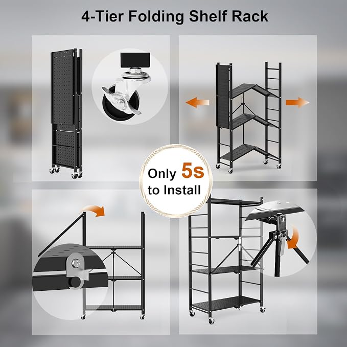 Himix 4-Tier Foldable Storage Shelf with Wheels 20 Hooks Black No Assembly | Metal collapsible organization, Folding storage rack, Wire shelving, Unit Rolling Cart, Kitchen, Garage, Holds 352 Ibs