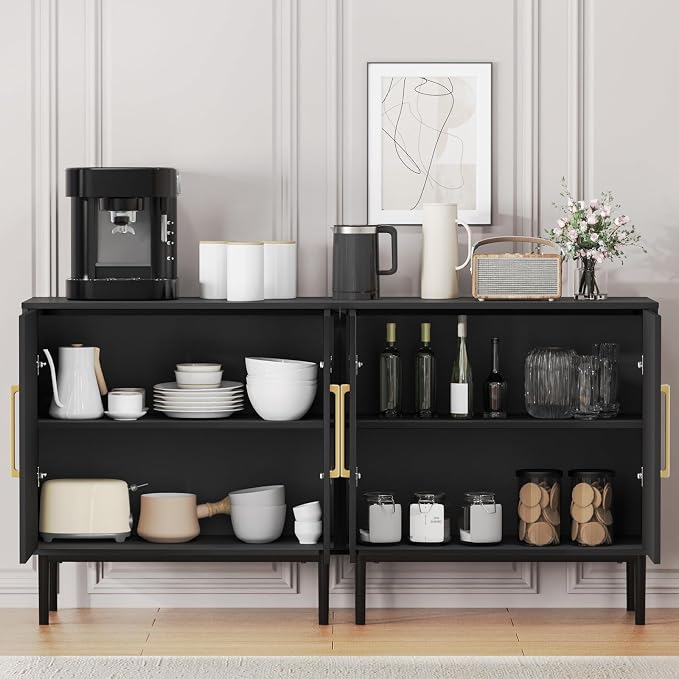 Set of 4 Black Storage Cabinet with Doors, Modern Accent Cabinet, Free Standing Cabinet with Adjustable Shelf, Wooden Buffet Sideboards for Living Room, Kitchen, Dining Room, Entryway