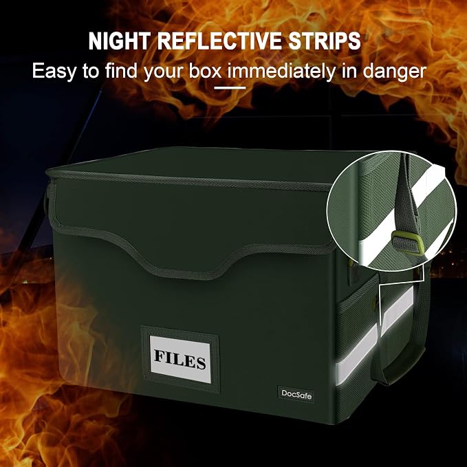 DocSafe Fireproof Document Box with Lock,File Storage Organizer with Mesh Pockets＆Lid,Collapsible Portable File Box Home Office Safe Filing Cabinet with Handle for Hanging Letter/Legal Folder,Green