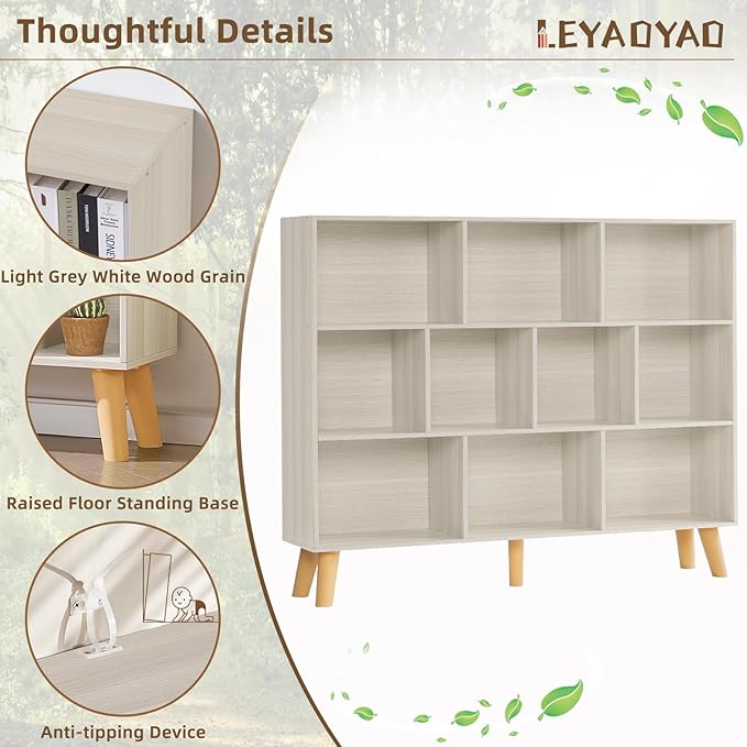 LEYAOYAO 10 Cube Bookshelf,Mid-Century Modern Bookcase with Legs,Light Grey | 3 Tier Book Shelf, 55" Wide Rustic Wood Bookshelves Large Storage Organizer, Open Shelves for Bedroom, Living Room, Office