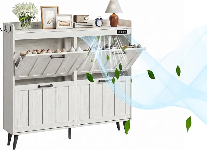 ChooChoo Shoe Storage Cabinet with 4 Flip Drawers and Deodorizer | Shoe Organizer Storage for Entryway, Freestanding Hidden Slim Narrow Shoe Rack Cabinet, Antique White