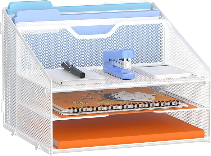 GAWERK Letter Tray Organizer, Mesh Desk File Organizer with 3 Paper Trays and 2 Vertical Upright Section (White)
