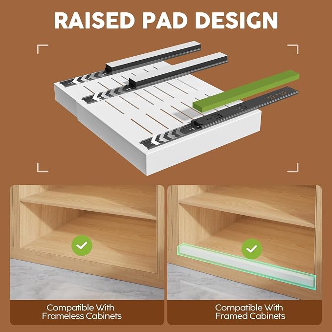 Seinloes 4Pack Expandable Pull Out Cabinet Organizer 21"Deep with Raising Pad for Framed Cabinets,Slide Out Drawers with 4pcs Divider Racks,Roll Out Shelves Adhesive,Adjustable Width 12.05"-20.4"White