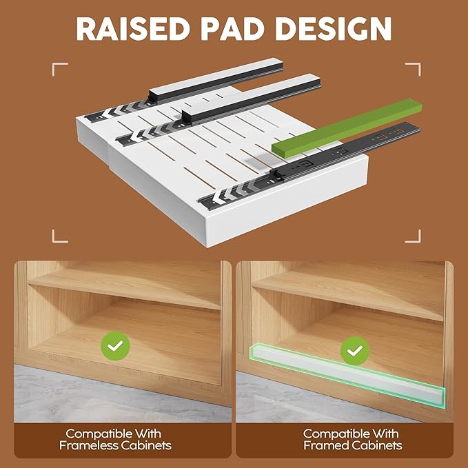 Seinloes 2Pack Expandable Pull Out Cabinet Organizer 21"Deep With Raising Pad for Framed Cabinets, Upgrade 3 Slide Rails Slide Out Drawers, Roll Out Shelves Adhesive,Adjustable Width 12.05"-20.4"White