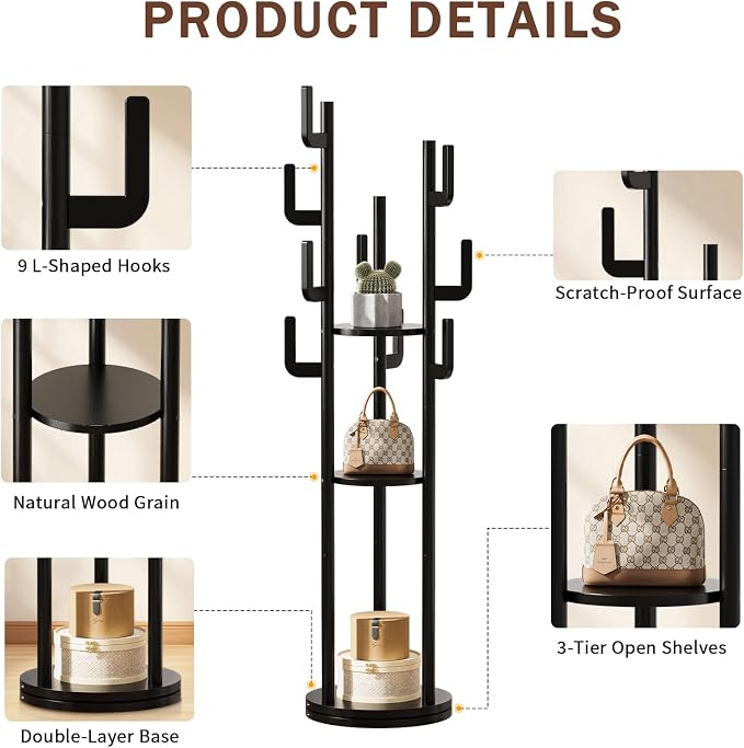 Yoobure Rotary Coat Rack Freestanding - Solid Wood Coat Tree with 9 hooks & 3 Storage Shelves for Purse, Bag, Jacket, Hat, Corner Hanger Stand Racks for Hall, Entryway, Office, Clothes Holder, Black
