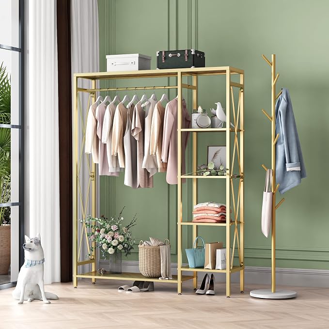 TIEOU Modern Gold Clothes Racks Free-Standing, Gold Clothing Rack with Shelves for Boutiques, Heavy Duty Garment Rack for Hanging Clothes, Large Wardrobe Closet