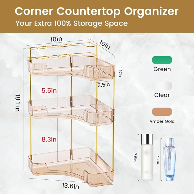 NATURE'S SOURCE Makeup Organizer for Vanity, 3-Tier Corner Bathroom Organizer Countertop with Makeup Brush Holder, Bathroom Counter Storage for Dresser-Amber Gold