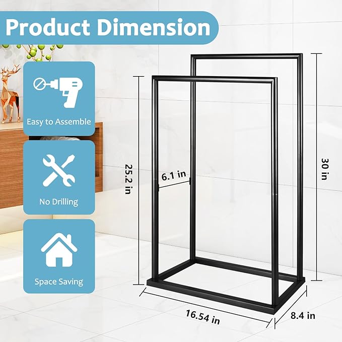 Free Standing Towel Rack, 2 Tier Towel Racks for Bathroom, Modern Outdoor Towel Drying Rack for Poolside, Black, DECLUTTR
