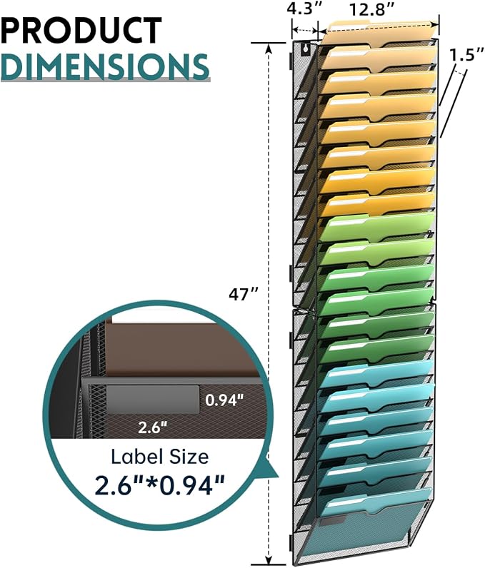 SUPEASY 20 Tier Wall File Organizer, Hanging Wall Mounted Mail Organizer with Label Slots, Metal Mesh File Holder Magazine Rack for Office, Home, School or Classroom, Black