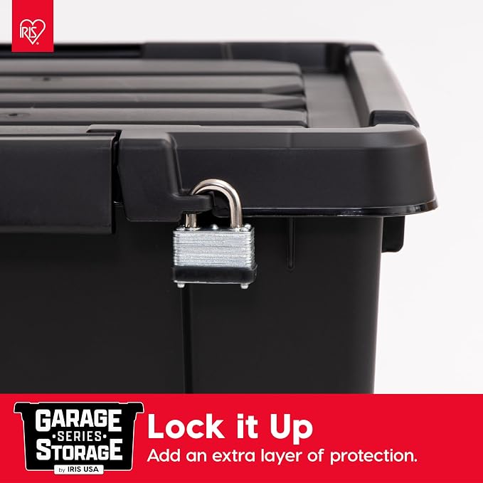 IRIS USA 6-Pack 5 Gal Heavy Duty Lockable Storage Totes with lids, Black | Built for tools, hardware, emergency supplies and small equipment, Stackable design keeps spaces organized
