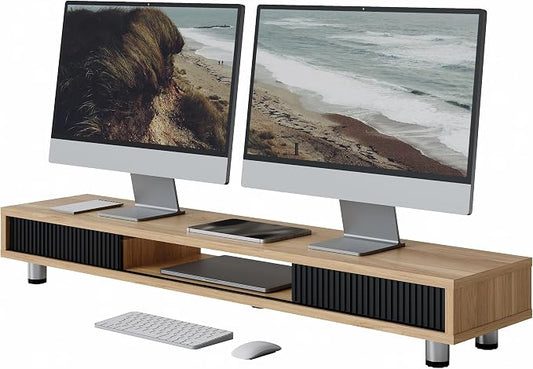 Fenge Dual Monitor Stand with Storage, Desk Shelf with Glass Sliding Door | Ergonomic Height Adjustment, 42.5in Monitor Shelf, 2-Tier Monitor Riser, Desk Organizer for Screen, PC, Laptop, Dark Oak