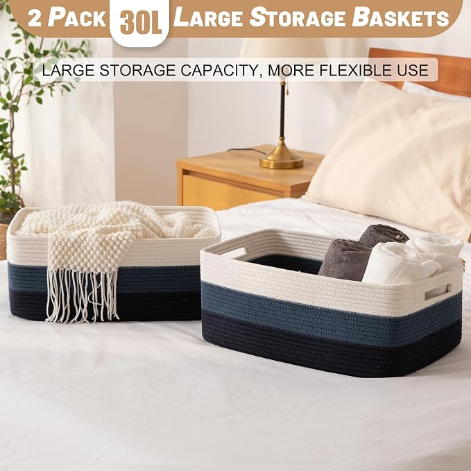 OIASKET Large Storage Basket for Organizing, Woven Rope Basket for Shelves, Closet Organizer Bins for Clothes, Blanket, Toys, Baby Nursery Storage, 17.7" x 13" x 7.87", 2 Packs Gradient Blue