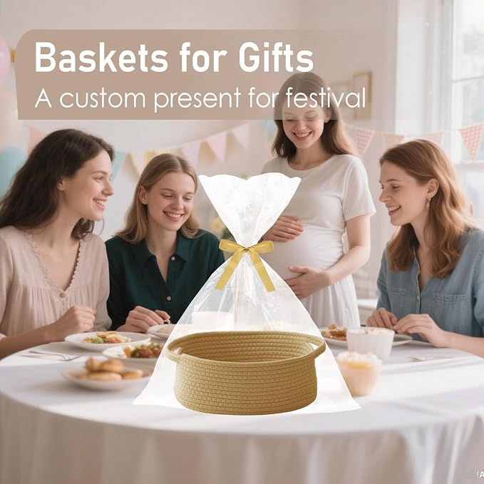 JMvicyroam Small Woven Basket, Empty Gift Basket, Jute/1 Pack | Small Gift Basket, Cotton Rope, 12 x 8 x 33 in, Handles, Includes Ribbon and Bag, Birthday Gift Basket