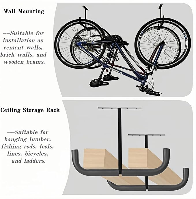 Overhead Garage Storage Hooks, Heavy Duty Double Ceiling Rack for Lumber Ladder Bikes Tires & Other Bulky Items (4)
